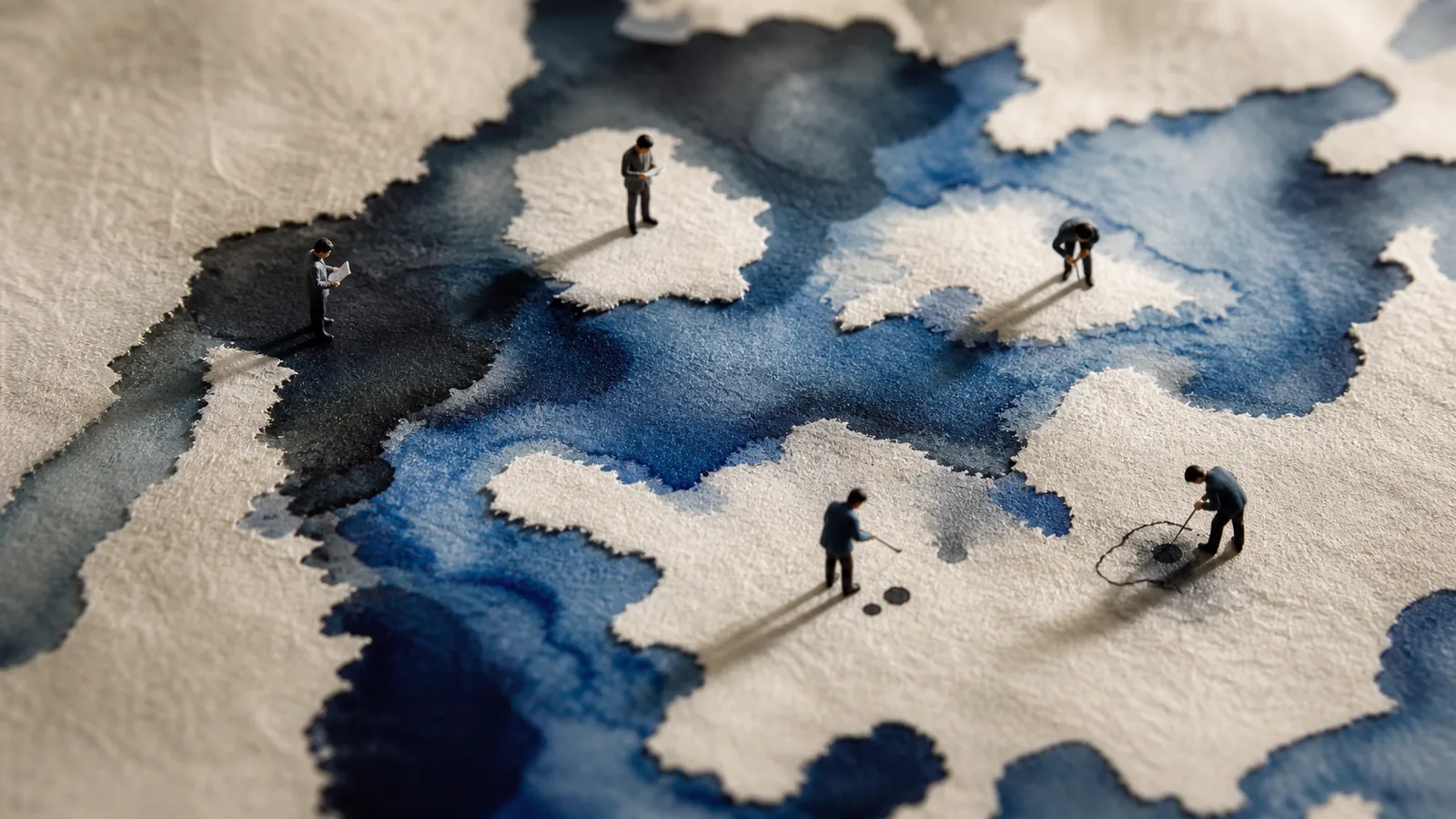 Macro sumi ink paths spreading through washi fibers like a signal archipelago with tiny readers at the stations