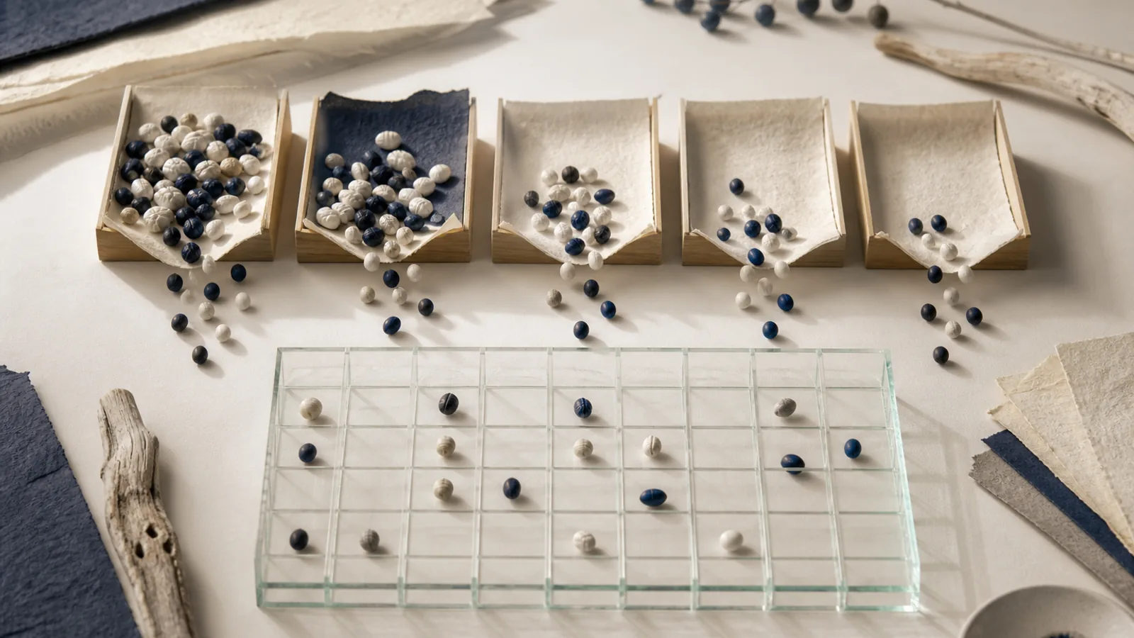 Washi search seeds passing through trays into a glass measurement grid with many empty cells
