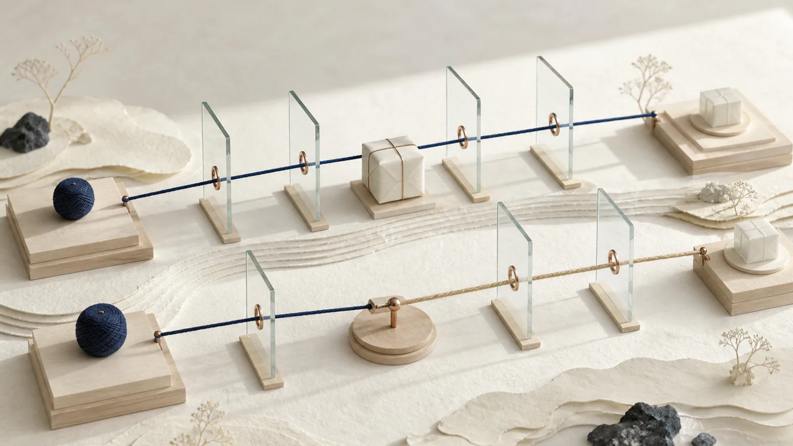 Two responsibility lines cross clear gates, one continuous and one changing hands at import clearance