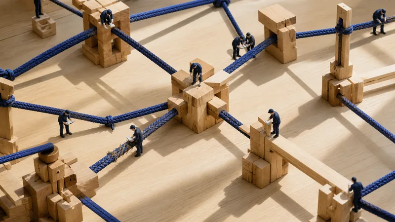 Indigo kumihimo cord threading through timber joints and a vertical scaffold, with tiny workers tracing the network