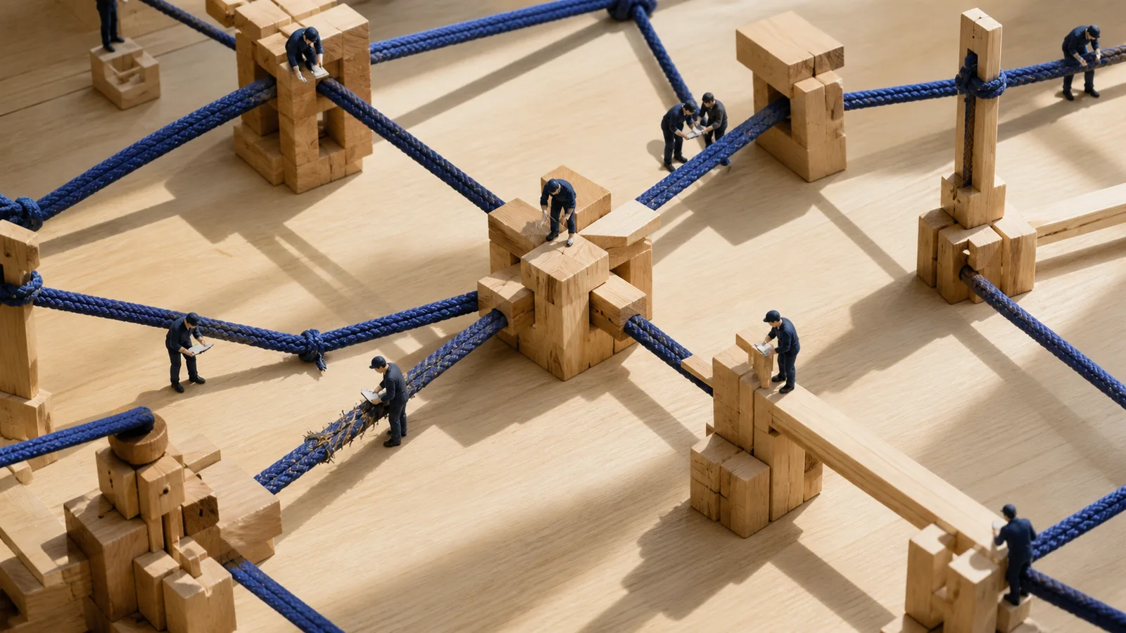 Indigo kumihimo cord threading through timber joints and a vertical scaffold, with tiny workers tracing the network