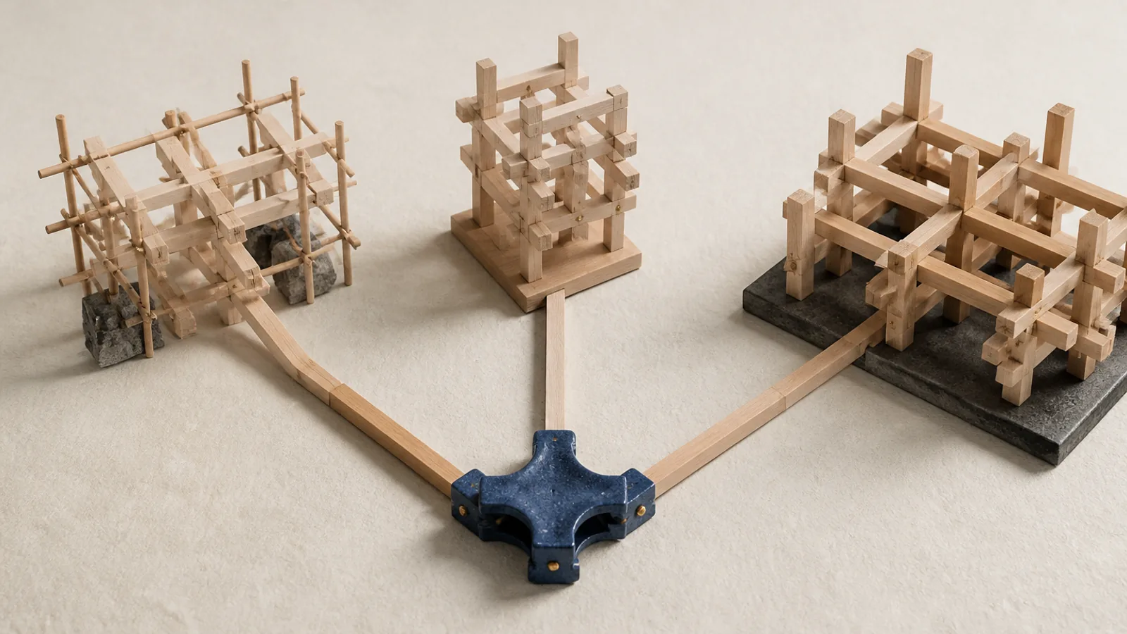 One work core branches into three structurally different timber systems for a first Japan hire