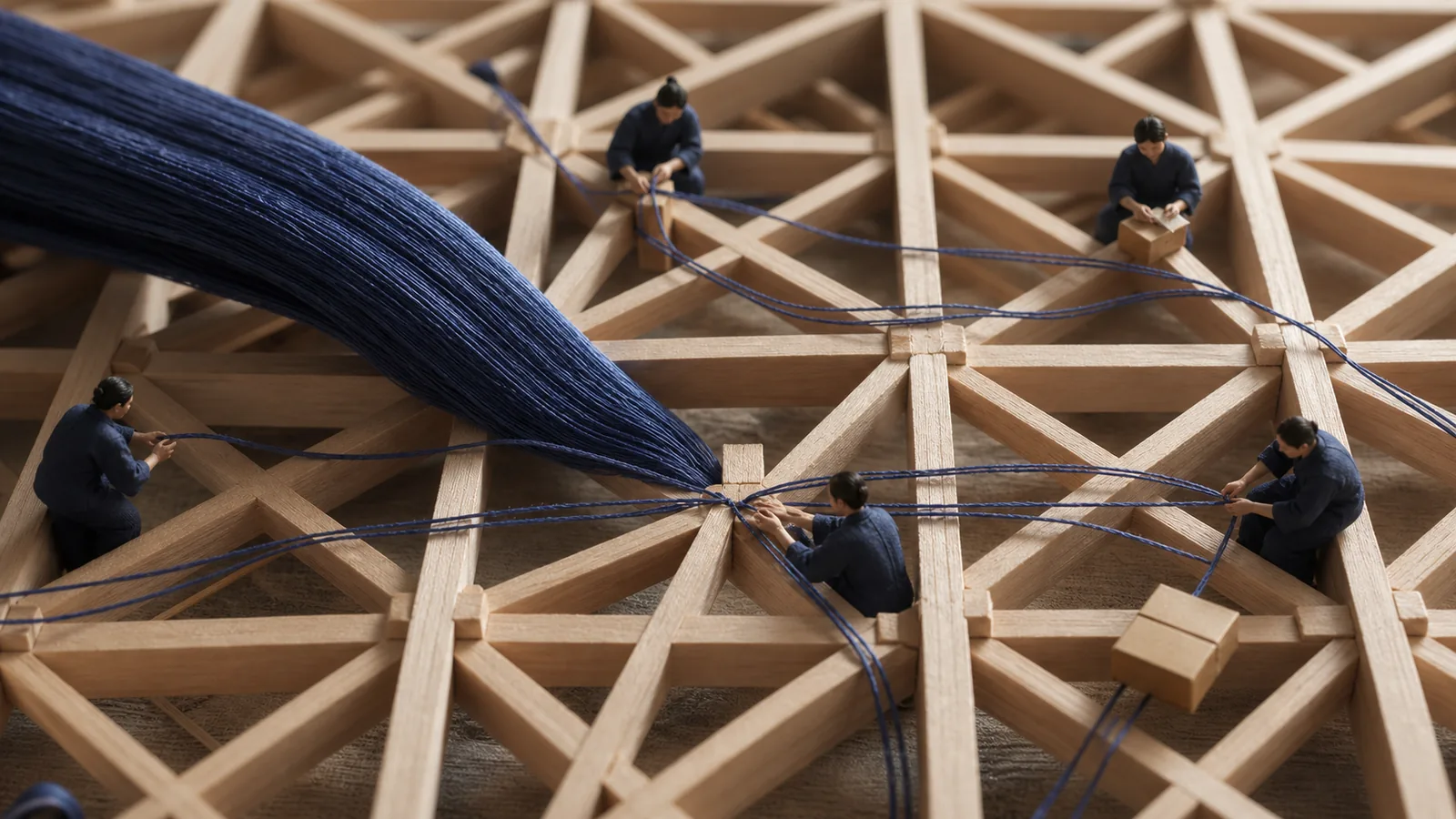 Macro indigo threads woven through a kumiko-like service loom with tiny workers at the handoff points