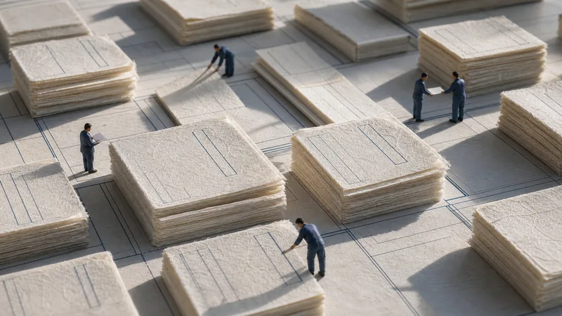 Kozo washi address slips as a postal grid with tiny workers filling, checking, and handing off records