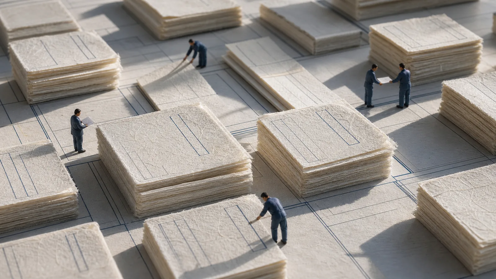 Kozo washi address slips as a postal grid with tiny workers filling, checking, and handing off records