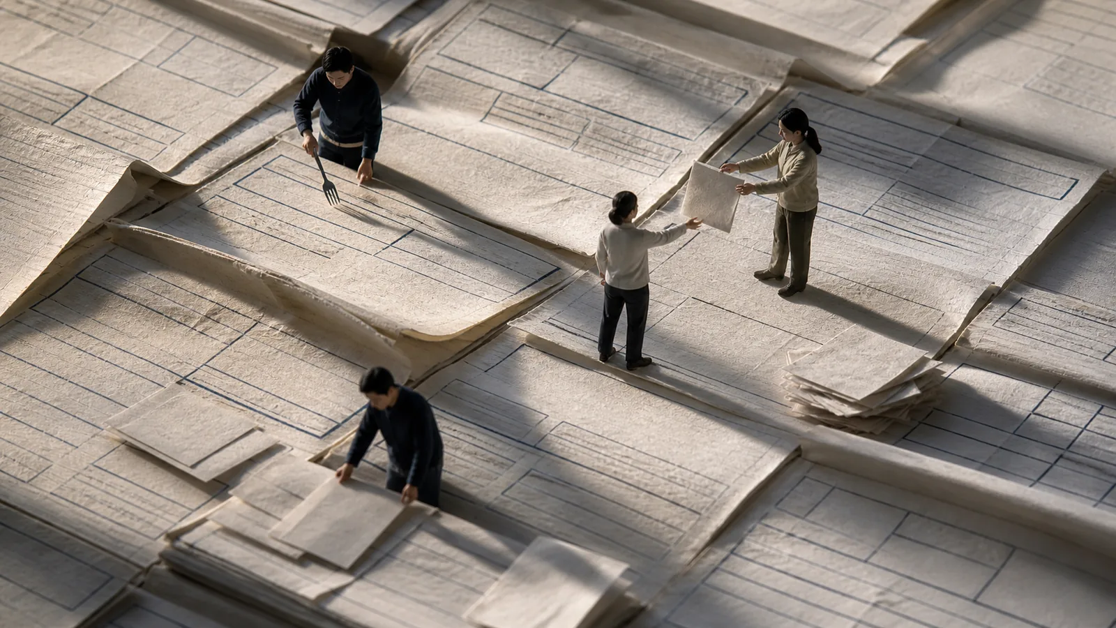 Folded washi sheets as question terraces with tiny workers at a reading station, a consent fold, and an analysis station