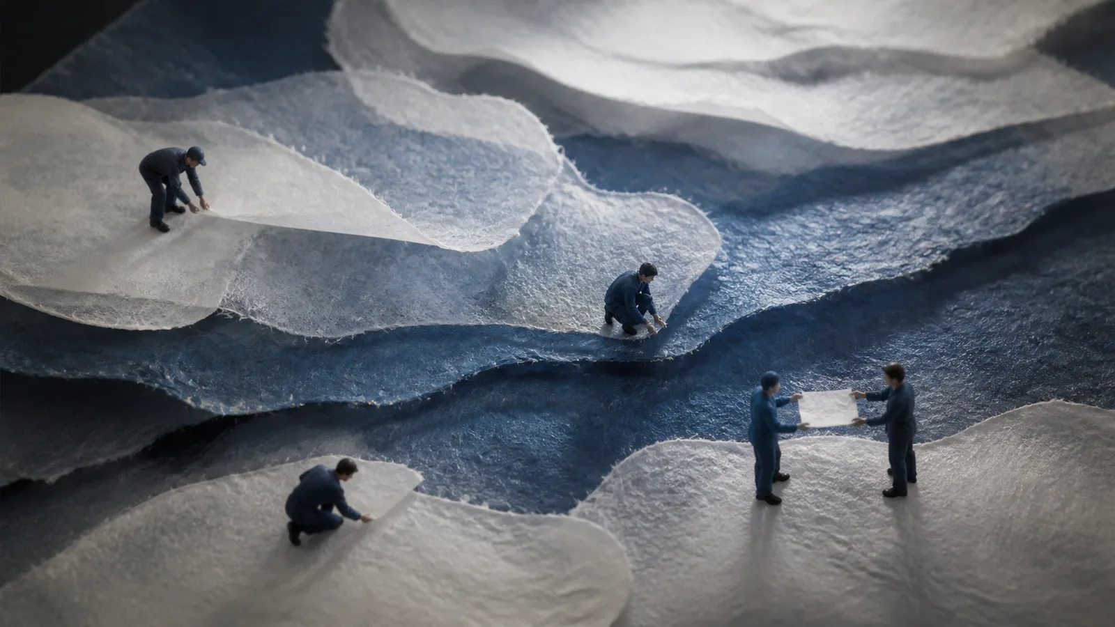 Macro translucent washi layers forming a branching onboarding route with tiny workers inspecting the path
