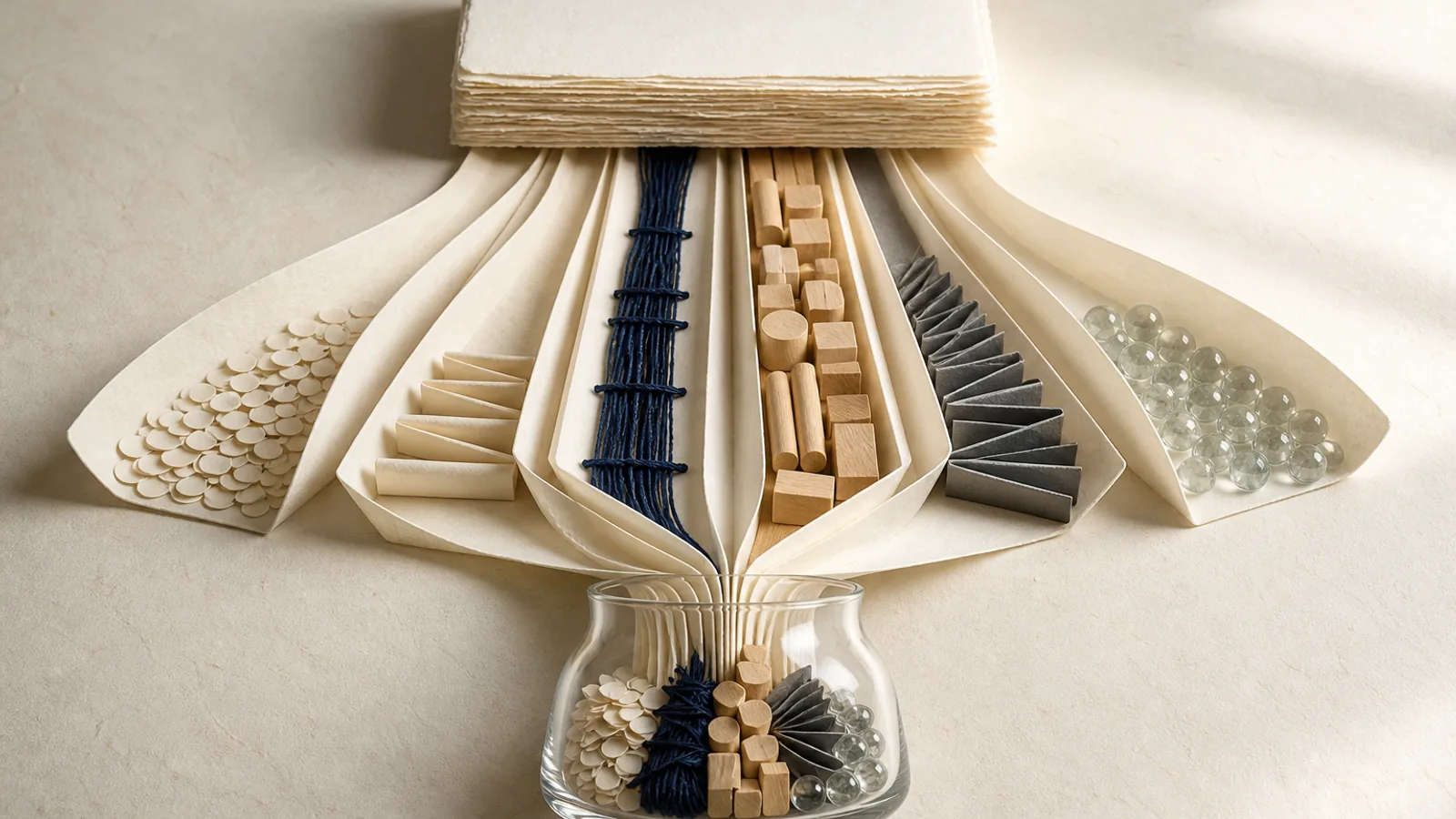 Blank washi pages separate into visible cost-component lanes and collect in a clear vessel