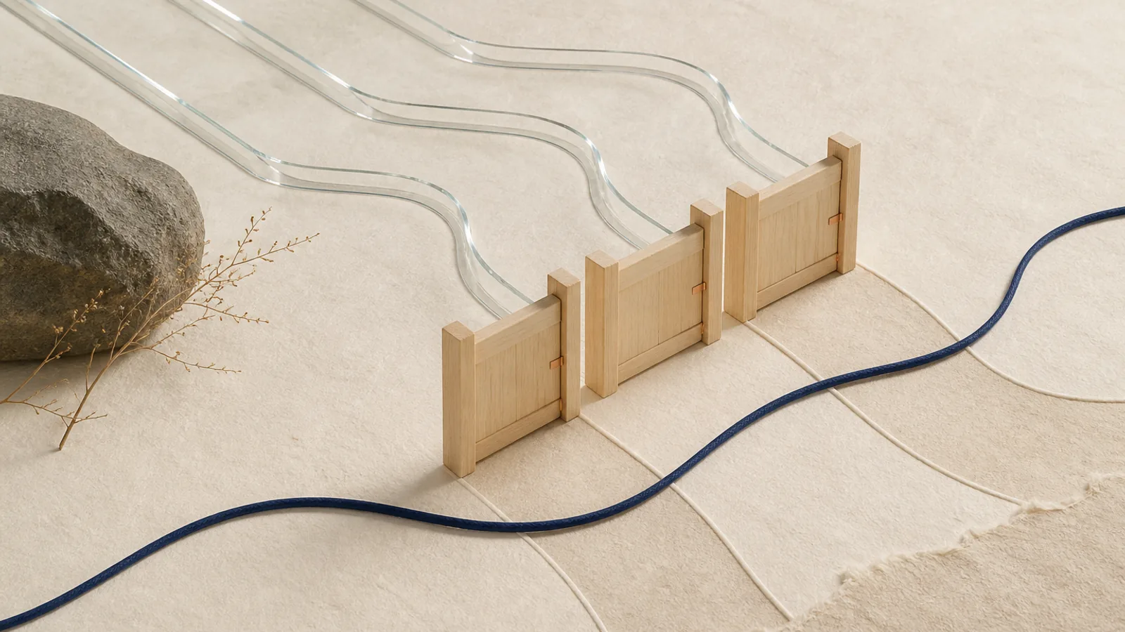 Three optional glass data paths stop at cedar gates while the core indigo visitor journey continues