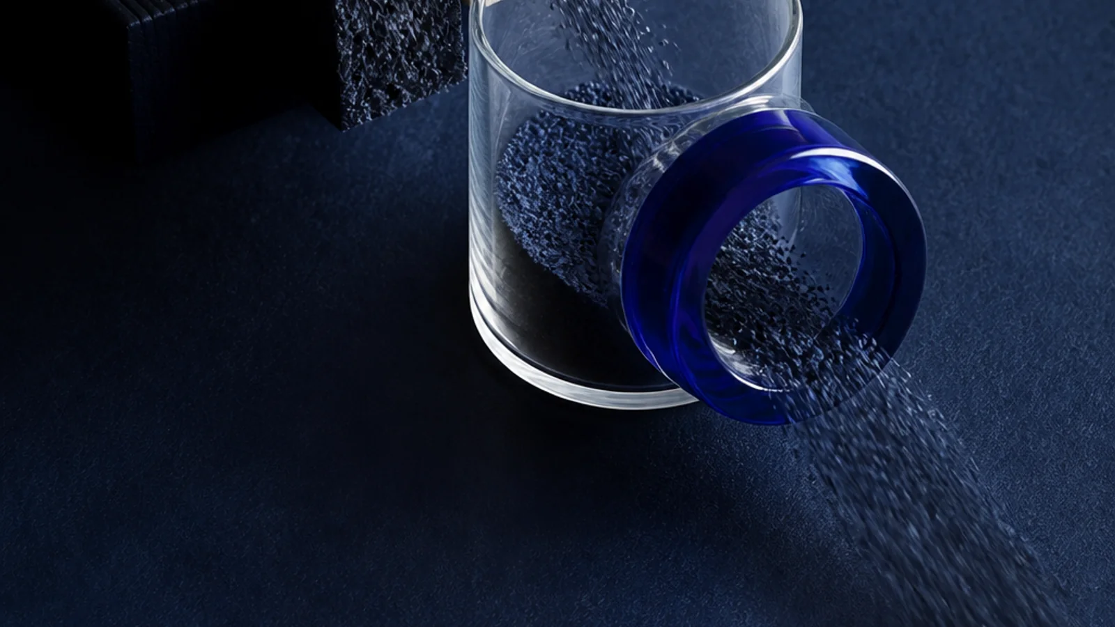 Measured indigo carbon particles move from factory blocks into a transparent ledger vessel and through a cobalt verification ring.