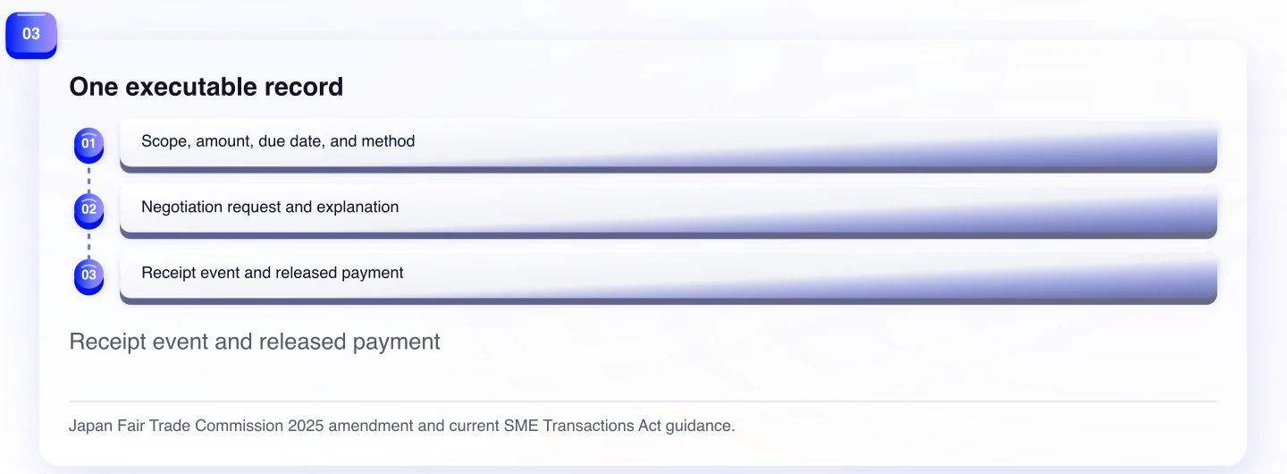 One executable record. Receipt event and released payment