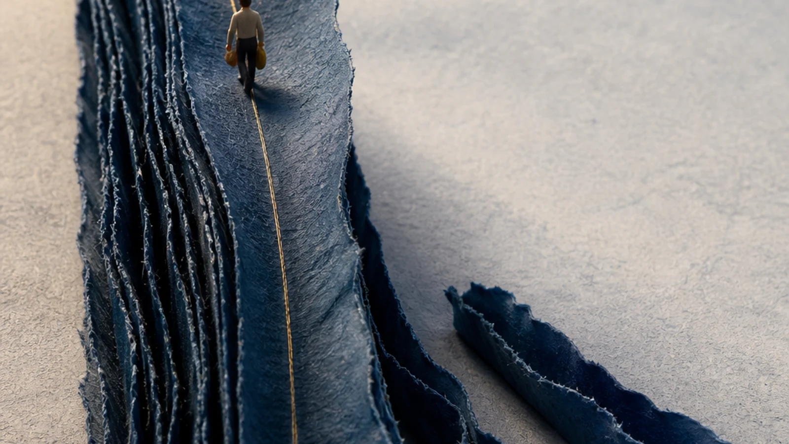 A macro photograph of indigo paper receipts arranged as tall blue ridges, with one miniature shopper crossing a narrow pale gap.