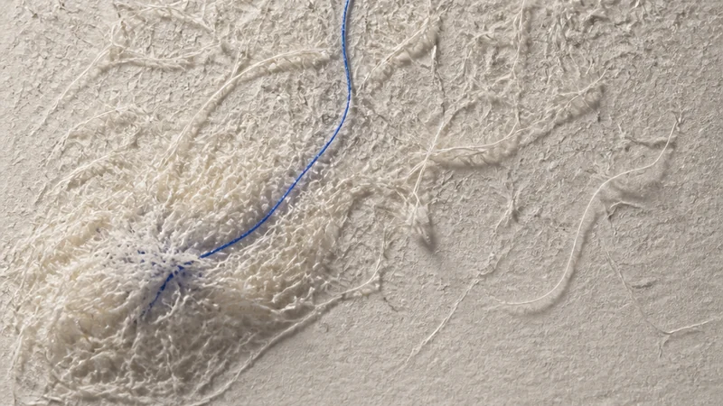 A single blue thread gathers many pale paper fibres toward one measured point.