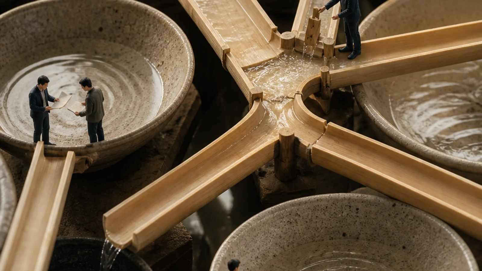 Glazed ceramic basins and bamboo channels become a cross-border settlement landscape. Miniature operators meter separate inflows, reconcile at a bridge, and redirect one exception through a guarded sluice.