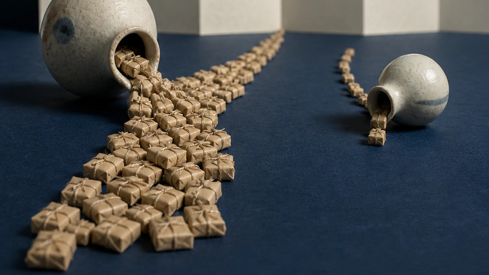 Two porcelain vessels pour wide and narrow streams of small sealed parcels across indigo paper.