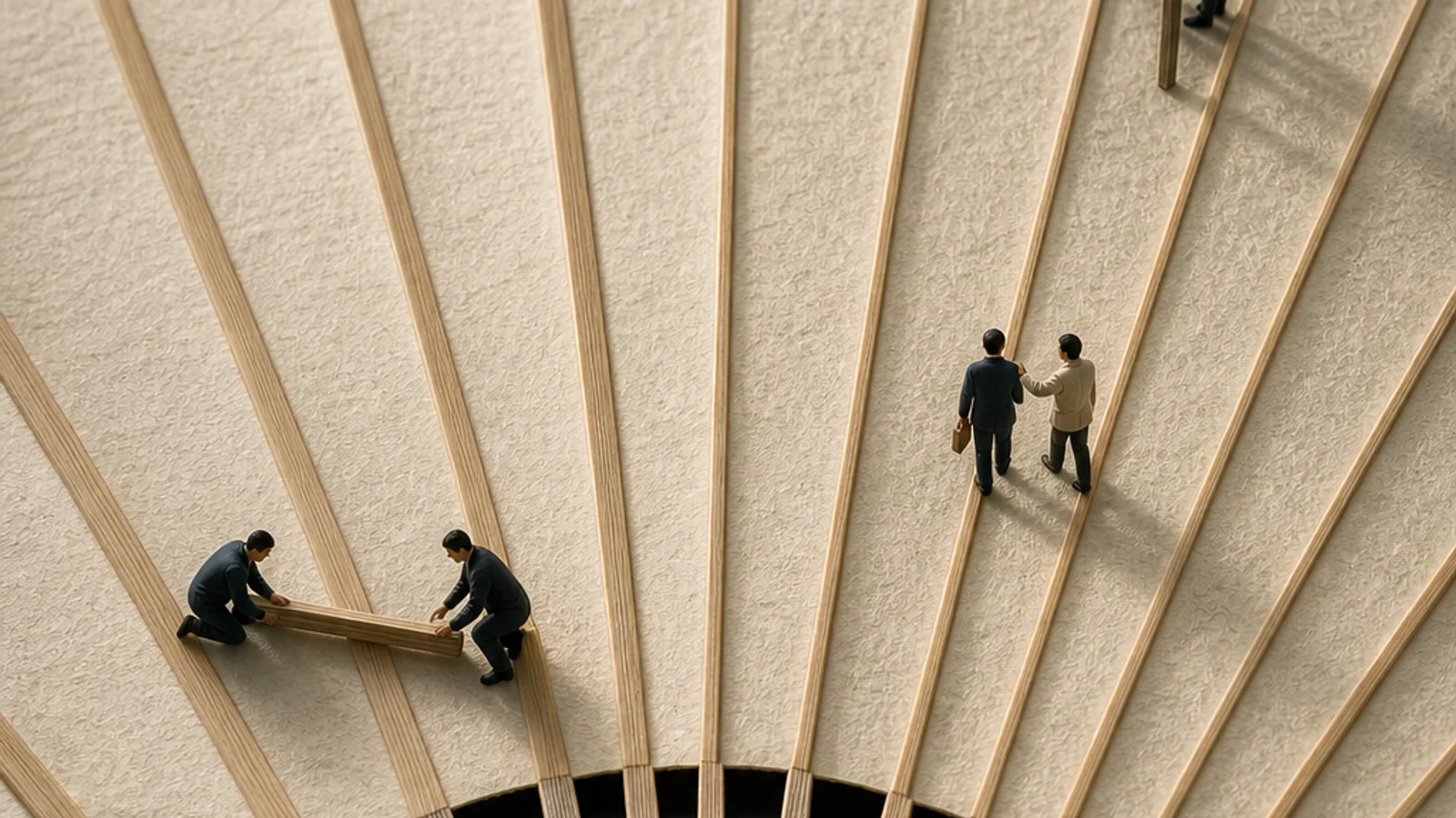 An authentic washi folding fan becomes a radial service landscape. Miniature workers occupy separate refuge, review, and handoff stations while two crews install a boundary along one rib; figures are scattered, not marching.