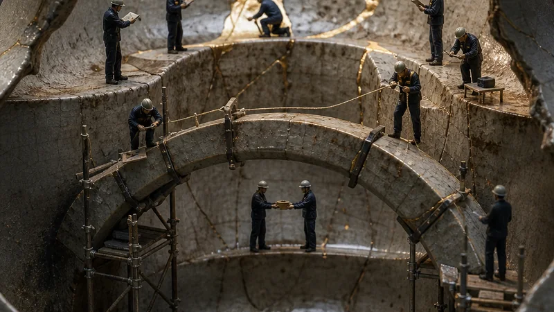 A cracked ceramic vessel becomes a vast restructuring basin. Miniature creditor crews survey separate fracture lines, brace one arch, and negotiate around an incomplete gold repair before the structure fails.