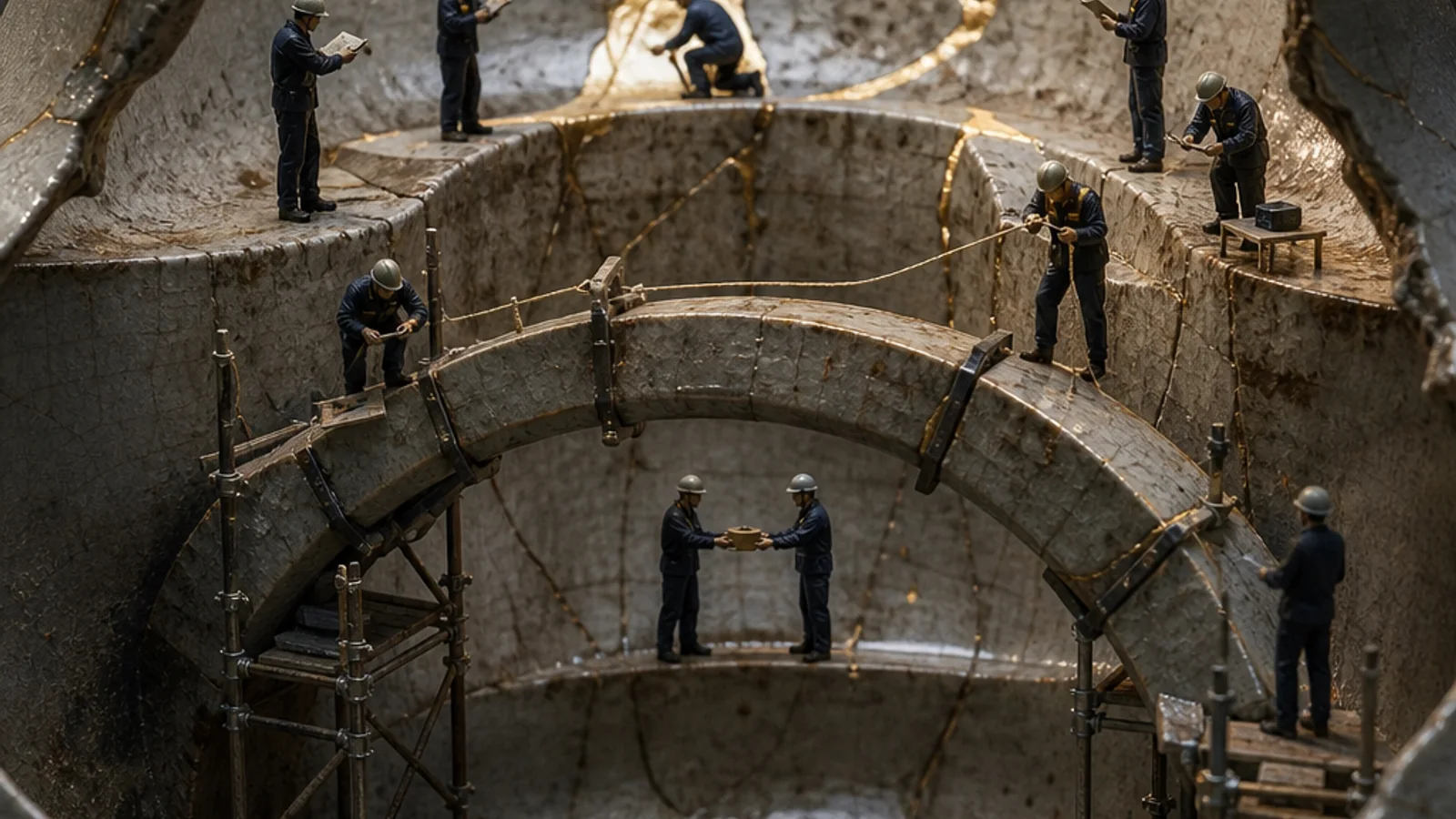 A cracked ceramic vessel becomes a vast restructuring basin. Miniature creditor crews survey separate fracture lines, brace one arch, and negotiate around an incomplete gold repair before the structure fails.