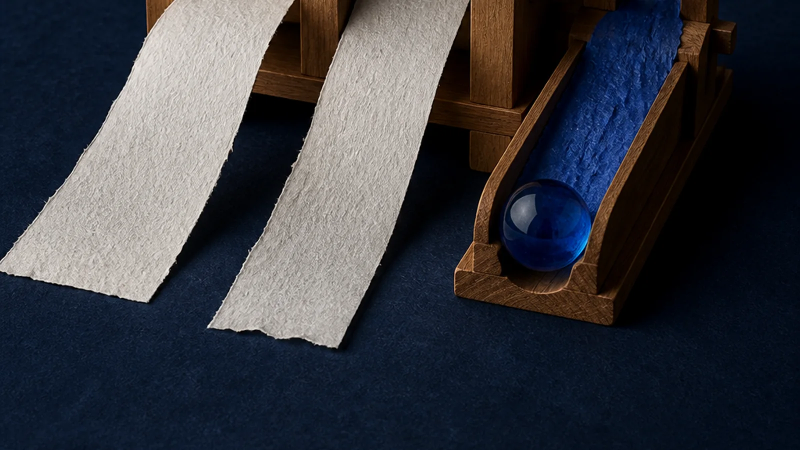 Matched Japanese and English washi sheets pass through one indigo timing gate, with a cobalt exception path beside it.