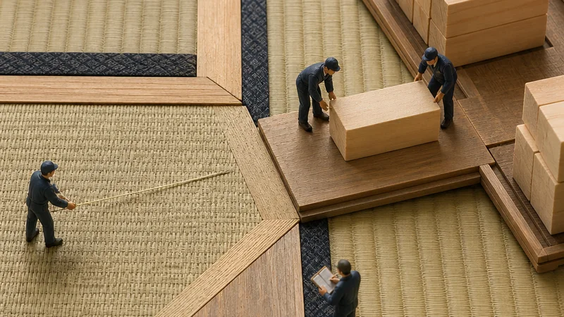 A vast tatami plain becomes a freight landscape of measured lanes and loading terraces. Miniature crews at separate stations time a queue, rebuild a junction, and move unmarked wooden loads; no one forms a line.