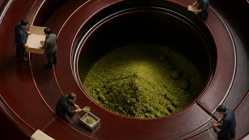 A lacquer tea canister becomes a circular production valley. Miniature inspectors sample powder terraces, compare blank label sheets, and close a broken control route from separate stations.