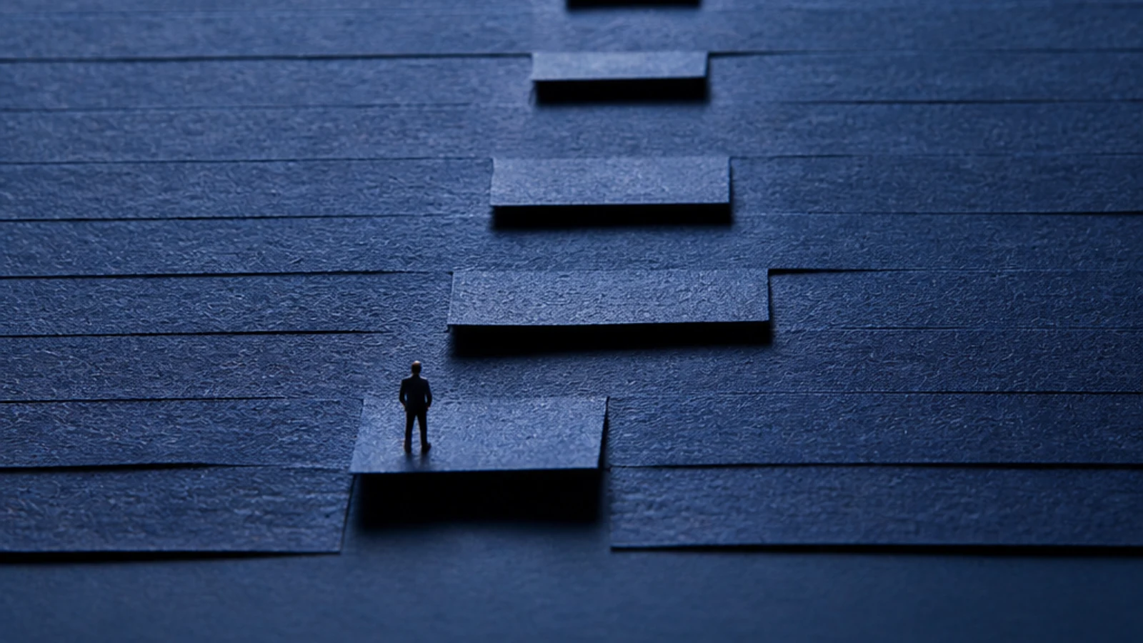 Indigo paper tabs form one raised route toward a small light.