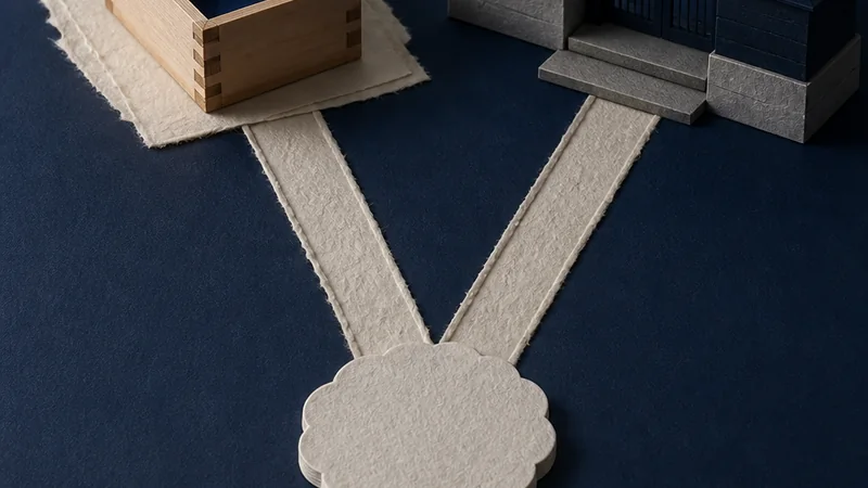 An indigo company registration file and a separate residence application converge on an evidence checklist over a pale grid.