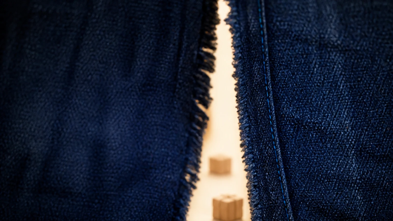 A macro photograph of an indigo textile shop curtain with a thin illuminated opening, where miniature parcels move between the cloth folds.