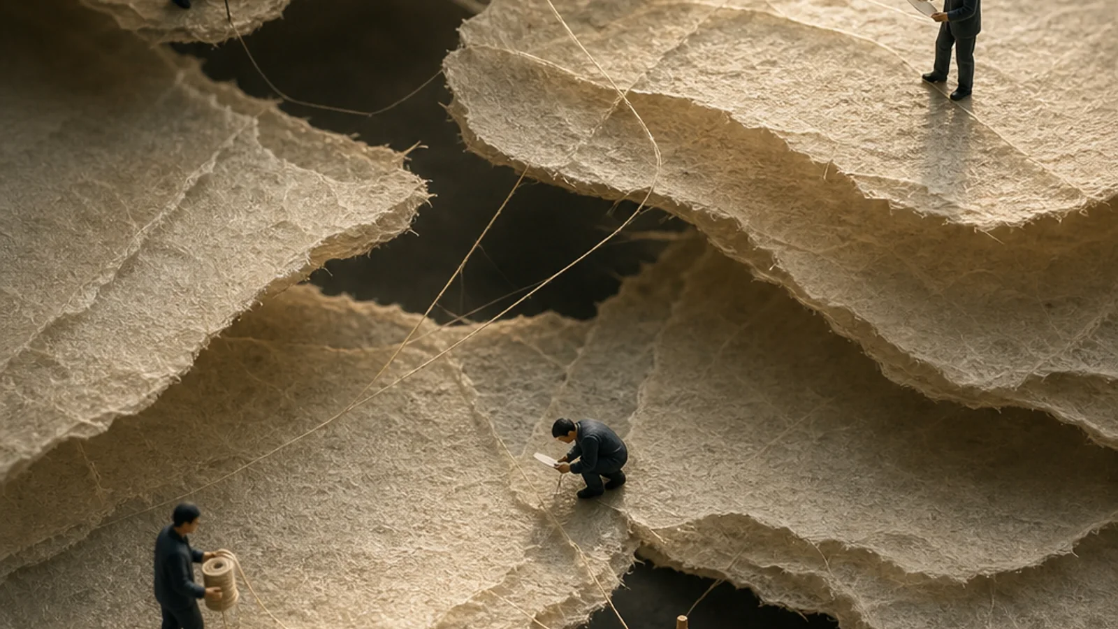 Layered washi sheets become a branching ownership archipelago. Miniature diligence teams trace connections through cut-paper strata, inspect one hidden influence point, and build a mitigation checkpoint.