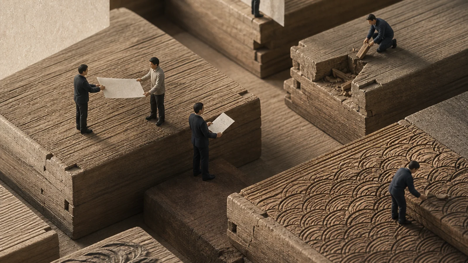 Carved woodblocks and hanging washi become a remote-signing landscape. Miniature representatives authorize from separate platforms, validate a blank certificate path, and recover one disconnected station.