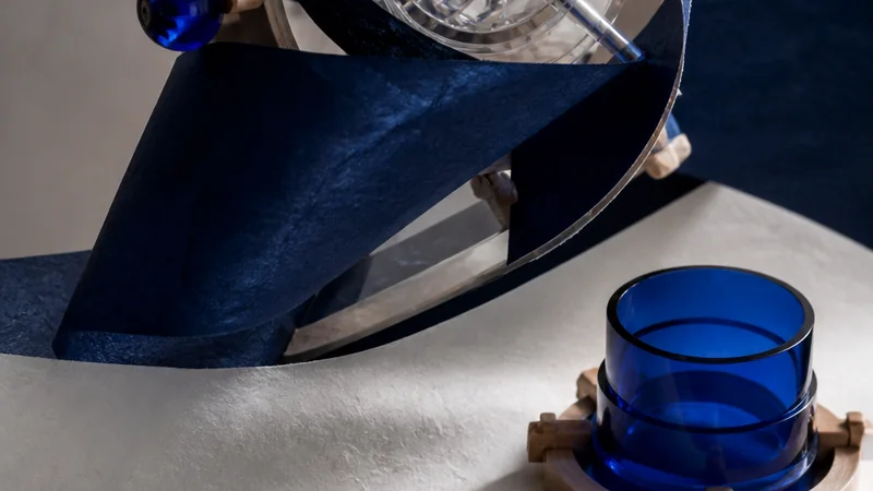 An evolving indigo plan scroll orbits a transparent AI mechanism while a separate cobalt product gate remains unstamped.