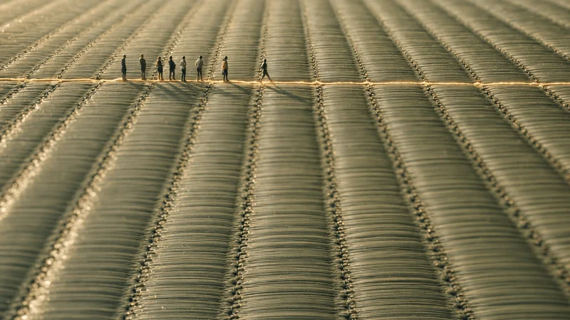 Tiny figures gather along a glowing seam in a macro view of woven tatami rush.