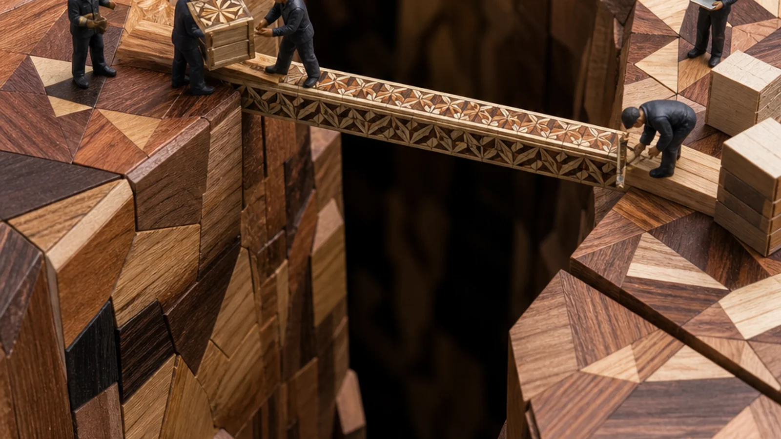A yosegi puzzle becomes an IP territory of fitted parcels and a boundary gorge. Miniature teams mark background assets, price a bridge transfer, and secure separate data and know-how districts.