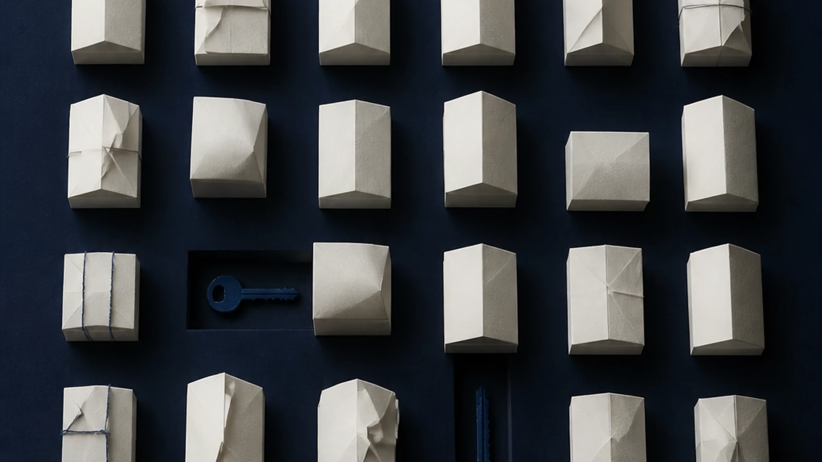 Nine pale paper houses separate into rental, sale, secondary, and uncertain indigo paths.