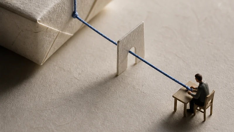 A blue thread passes from an overseas parcel through a small paper checkpoint to a person on a Japanese paper landscape.