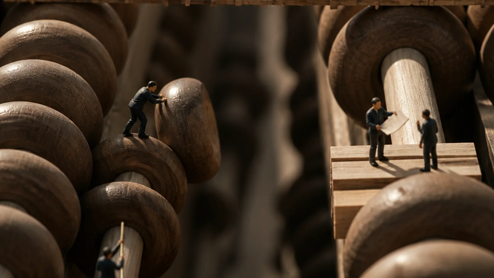 A giant soroban becomes a stepped payroll landscape. Miniature payroll crews measure a bridge between bead bands, move one threshold marker, and brief workers at separate platforms.