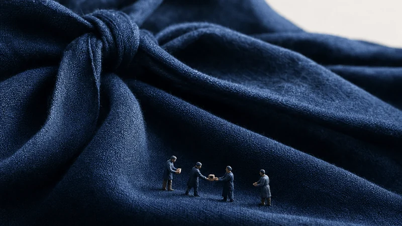 An indigo furoshiki loosens into wave-like folds while miniature figures pass a small object across the cloth.
