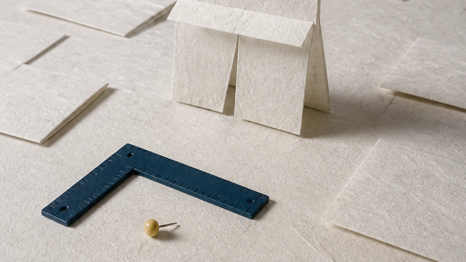 Pale paper storefront folds begin to rise around a cobalt measuring square.