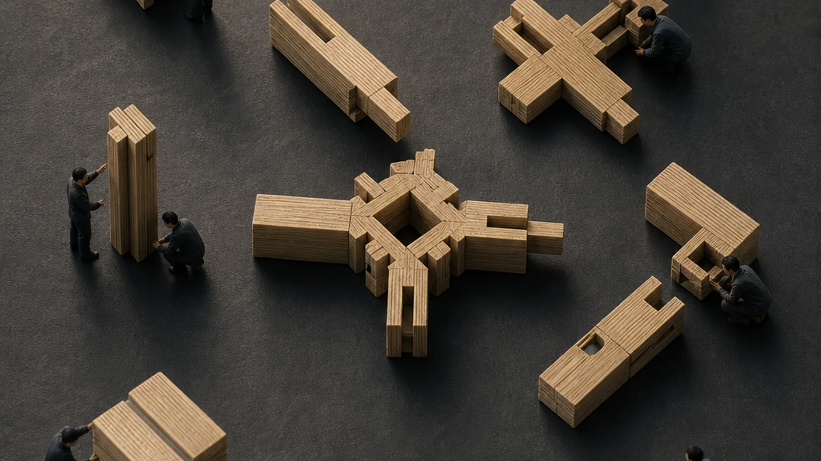 Monumental interlocking timber joints form a software-security landscape. Miniature provider and customer crews inspect different joints, reinforce one weak handoff, and exchange maintenance evidence across levels.