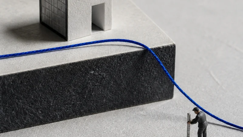 A solid paper plinth supports a small building while a blue measuring thread moves across its edge.