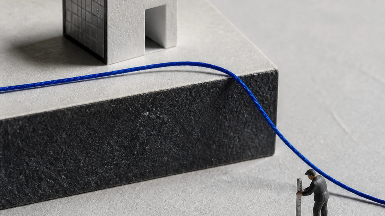 A solid paper plinth supports a small building while a blue measuring thread moves across its edge.