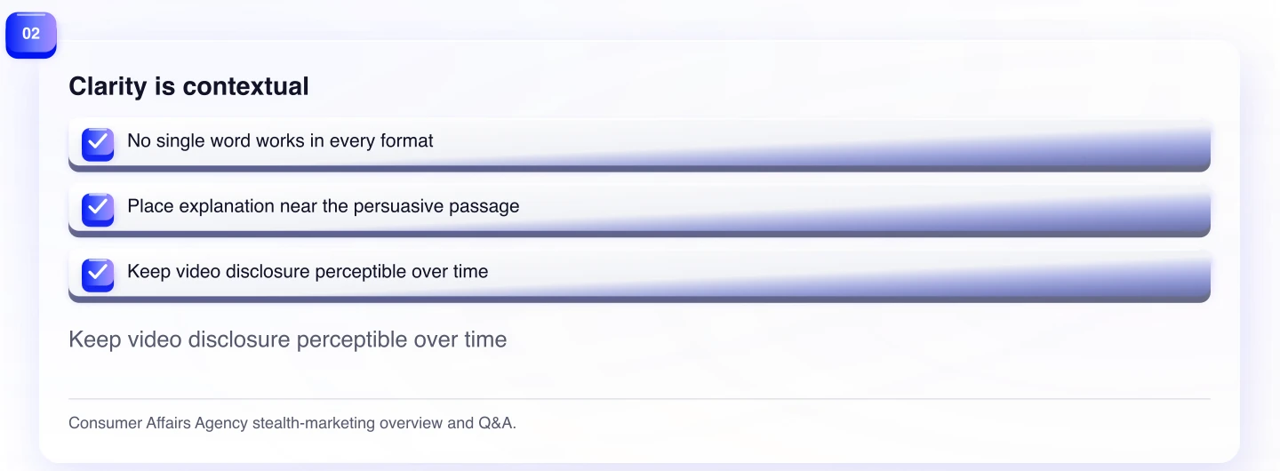 Clarity is contextual. Keep video disclosure perceptible over time