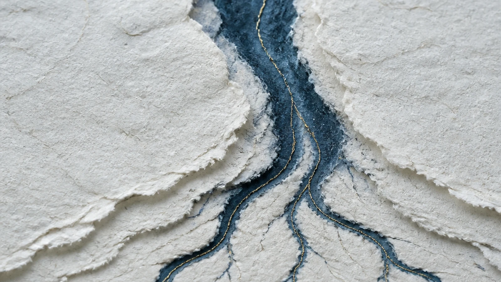 A broad pale paper current becomes one dominant indigo river and several smaller tributaries.